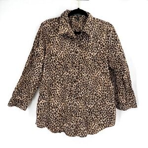 Lauren Ralph Lauren Button Down Women XL Brown Leopard Print Cotton Mob Wife